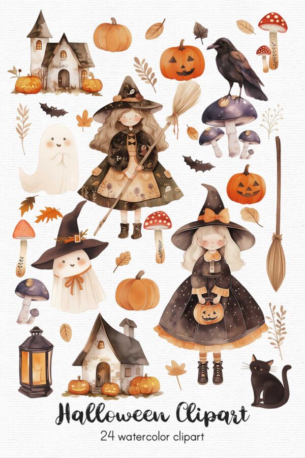 Cute Halloween Witch Clipart, 24 png - Image 3