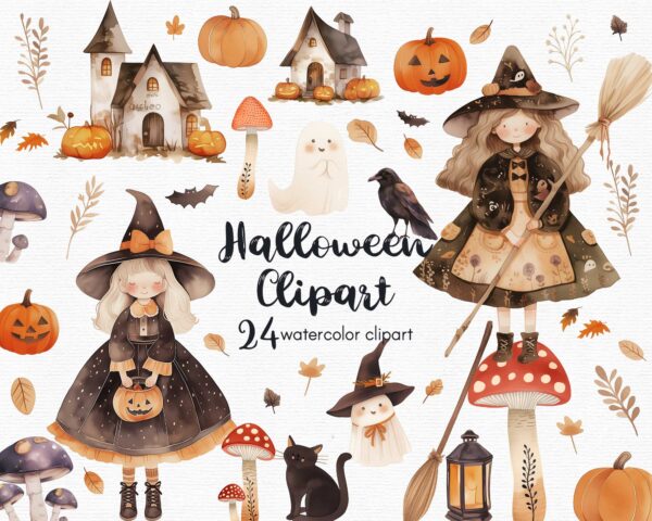 Cute Halloween Witch Clipart, 24 png