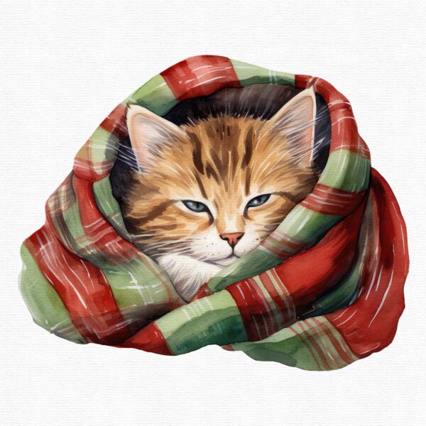 Watercolor Christmas clipart with cozy cat in a blanket, - Image 12