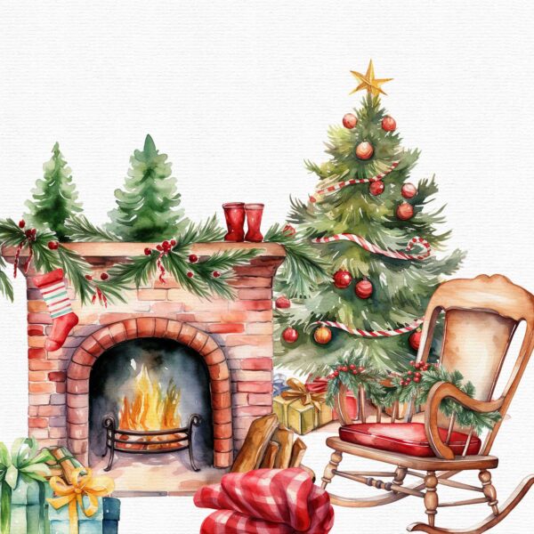 Watercolor Christmas clipart with cozy cat in a blanket, - Image 11