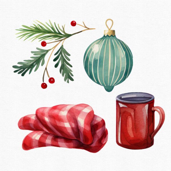 Watercolor Christmas clipart with cozy cat in a blanket, - Image 8