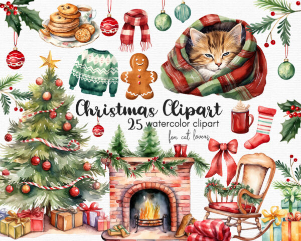 Watercolor Christmas clipart with cozy cat in a blanket,