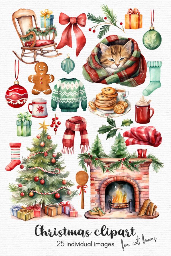 Watercolor Christmas clipart with cozy cat in a blanket, - Image 2