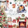 a christmas clipart set with various elements such as montain, wooden cabin, cute little dogs, a fireplace and Santa