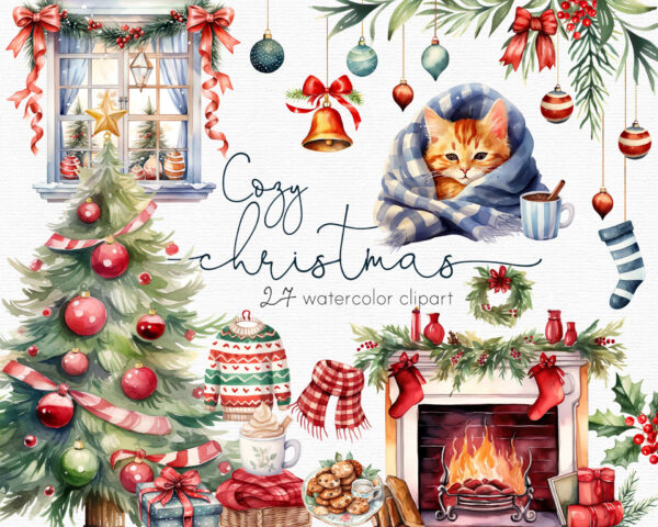 a christmas clipart set with various elements such as montain, wooden cabin, cute little dogs, a fireplace and Santa