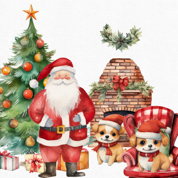 Watercolor Christmas clipart with a puppy and Santa - Image 2