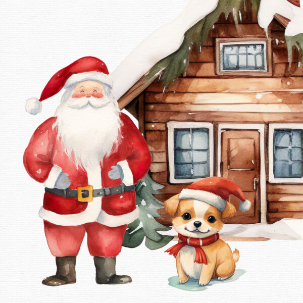 Watercolor Christmas clipart with a puppy and Santa - Image 7