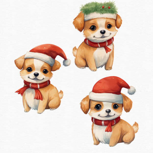 Watercolor Christmas clipart with a puppy and Santa - Image 5