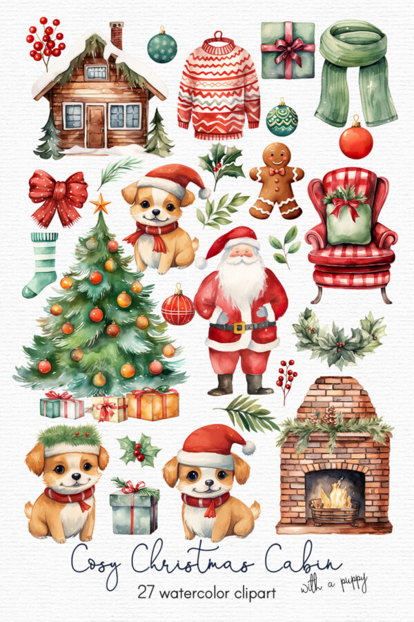 Watercolor Christmas clipart with a puppy and Santa - Image 4