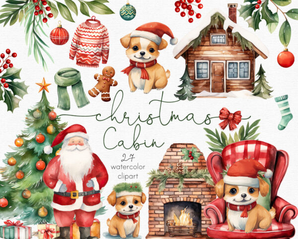 Watercolor Christmas clipart with a puppy and Santa