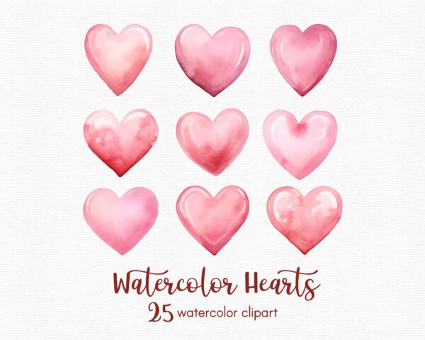 Watercolor Hearts Clipart, 25 png