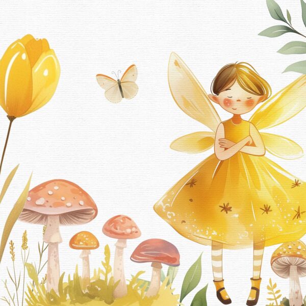 Fairy garden with yellow butterflies and flowers Clipart - Image 9