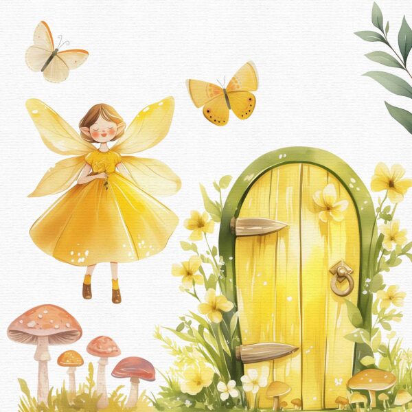 Fairy garden with yellow butterflies and flowers Clipart - Image 4