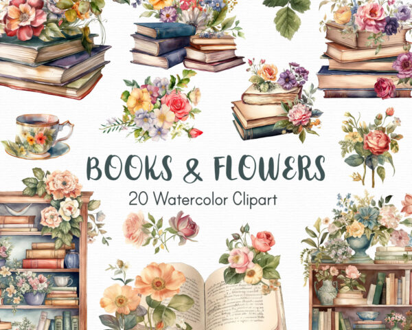 Vintage Books and Flowers Clipart