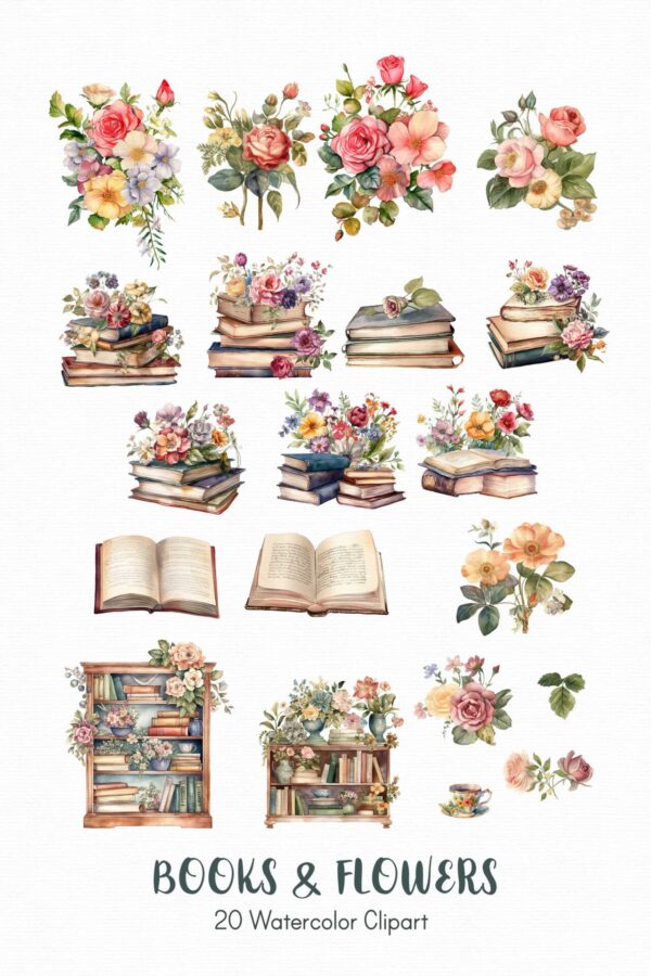 Vintage Books and Flowers Clipart - Image 2