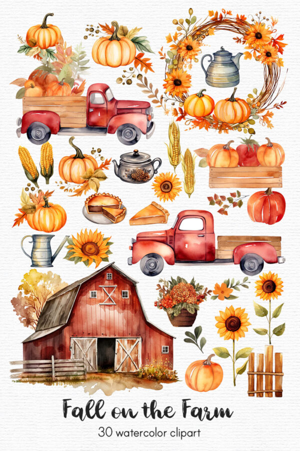 Fall Clipart, Autumn Farm clipart, Red Truck, - Image 2