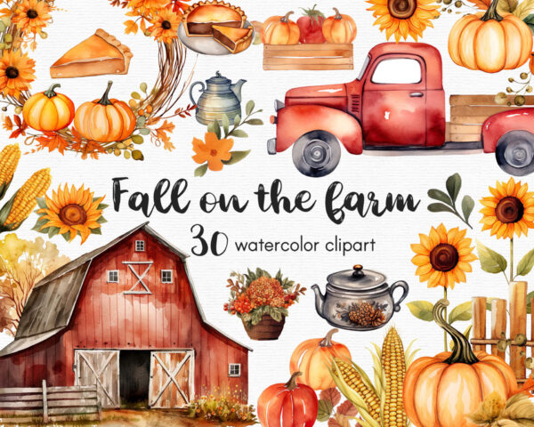 Fall Clipart, Autumn Farm clipart, Red Truck,