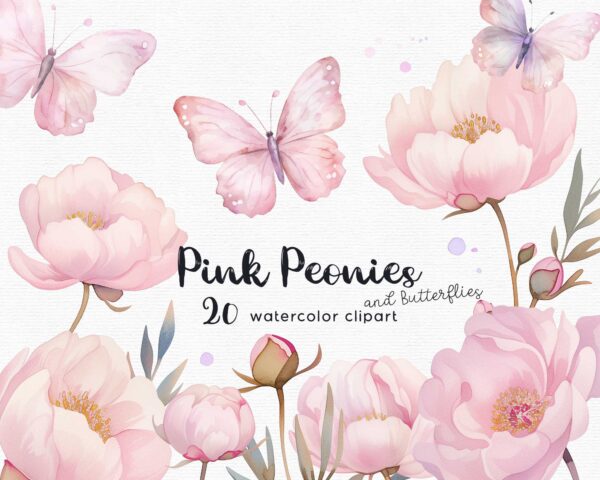 Pink Peonies and Butterflies Clipart