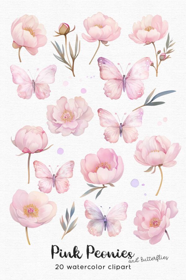 Pink Peonies and Butterflies Clipart - Image 2