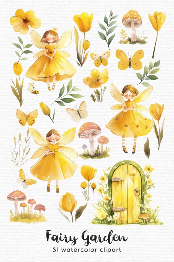 Fairy garden with yellow butterflies and flowers Clipart - Image 2