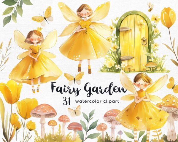 Fairy garden with yellow butterflies and flowers Clipart