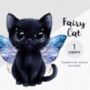 Black fairy cat clipart with wings – mystical Halloween cat PNG