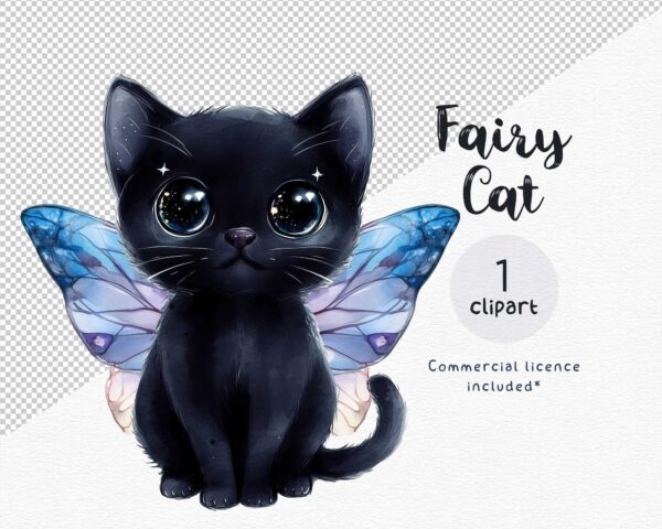 Black fairy cat clipart with wings – mystical Halloween cat PNG