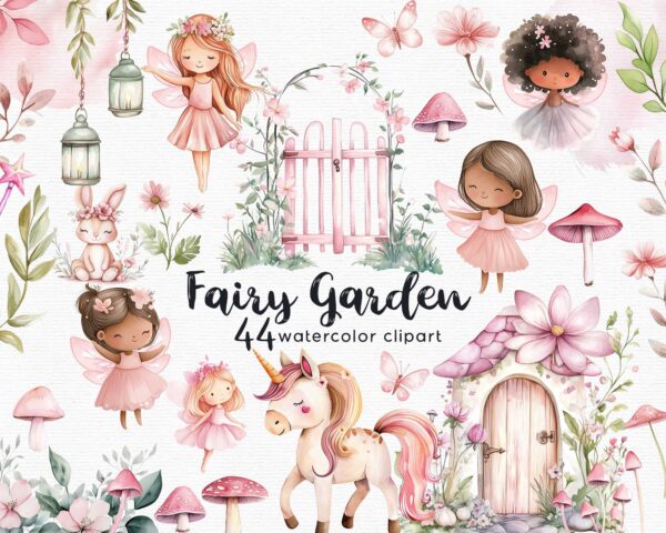 Pink Fairy Garden Clipart with lovely Unicorn