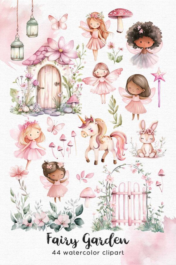 Pink Fairy Garden Clipart with lovely Unicorn - Image 2