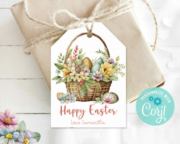 Editable easter basket tag with floral design