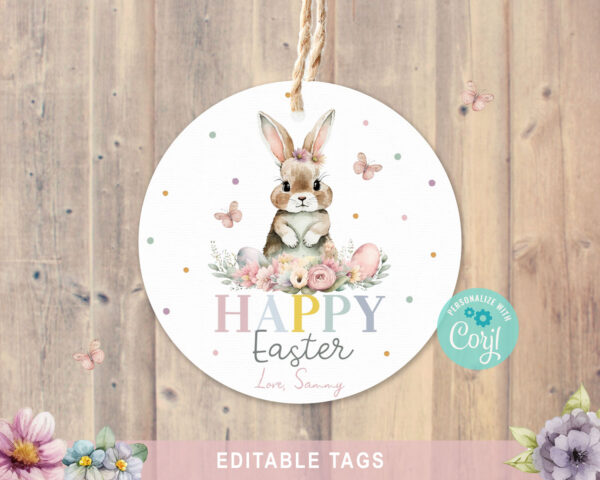 Editable Easter thank you printable tag with cute bunny and floral design