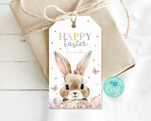 Editable Easter thank you tag with cute bunny and floral design