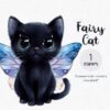Black fairy cat clipart with wings – mystical Halloween cat PNG