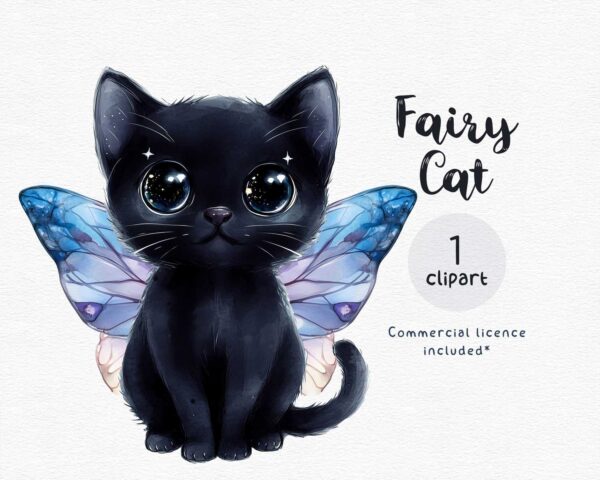 Black fairy cat clipart with wings – mystical Halloween cat PNG