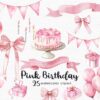 pink birthday party clipart set, with a birthday cake, banners, balloons, bows, etc, in watercolor style