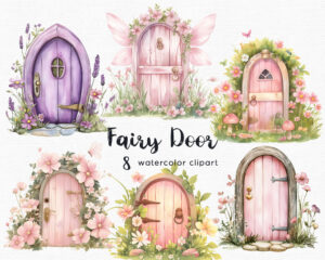 Purple fairy door clipart with whimsical details – fantasy PNG illustrations for fairy garden-themed crafts, invitations, and DIY design projects