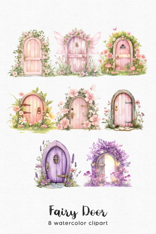Purple fairy door clipart with whimsical details – fantasy PNG illustrations for fairy garden-themed crafts, invitations, and DIY design projects