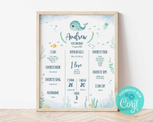 Editable Baby Whale Milestone Board – Hand-Painted Printable
