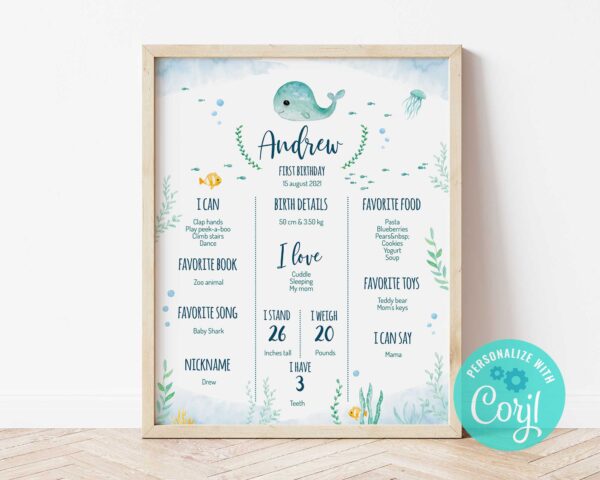 Editable Baby Whale Milestone Board – Hand-Painted Printable
