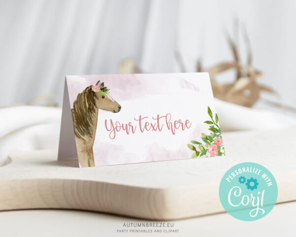 Editable horse-themed tent cards for girls’ birthday party – printable design for labeling food, favors, or place settings.
