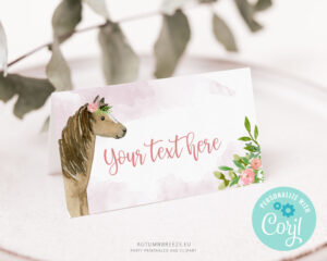 Editable horse-themed tent cards for girls’ birthday party – printable design for labeling food, favors, or place settings.