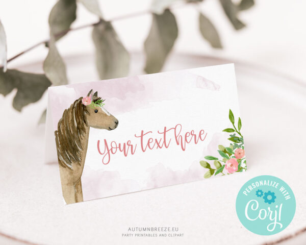 Editable horse-themed tent cards for girls’ birthday party – printable design for labeling food, favors, or place settings.
