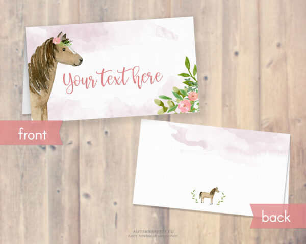 Editable horse-themed tent cards for girls’ birthday party – printable design for labeling food, favors, or place settings.