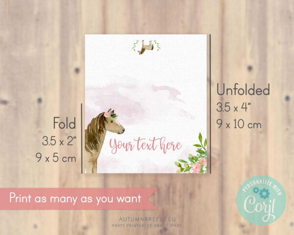 Editable horse-themed tent cards for girls’ birthday party – printable design for labeling food, favors, or place settings.