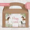 Hand-painted printable pony party favor box label for girls – fits gable boxes, pink and brown pony design.