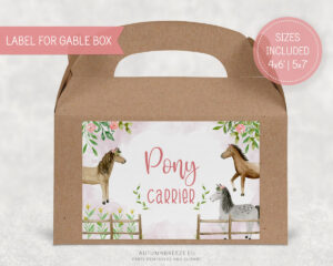 Hand-painted printable pony party favor box label for girls – fits gable boxes, pink and brown pony design.
