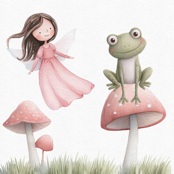 Charming fairy garden clipart showing a sweet fairy with translucent wings and a pink gown beside a friendly green frog sitting on a spotted mushroom, surrounded by soft green grass and magical woodland vibes.