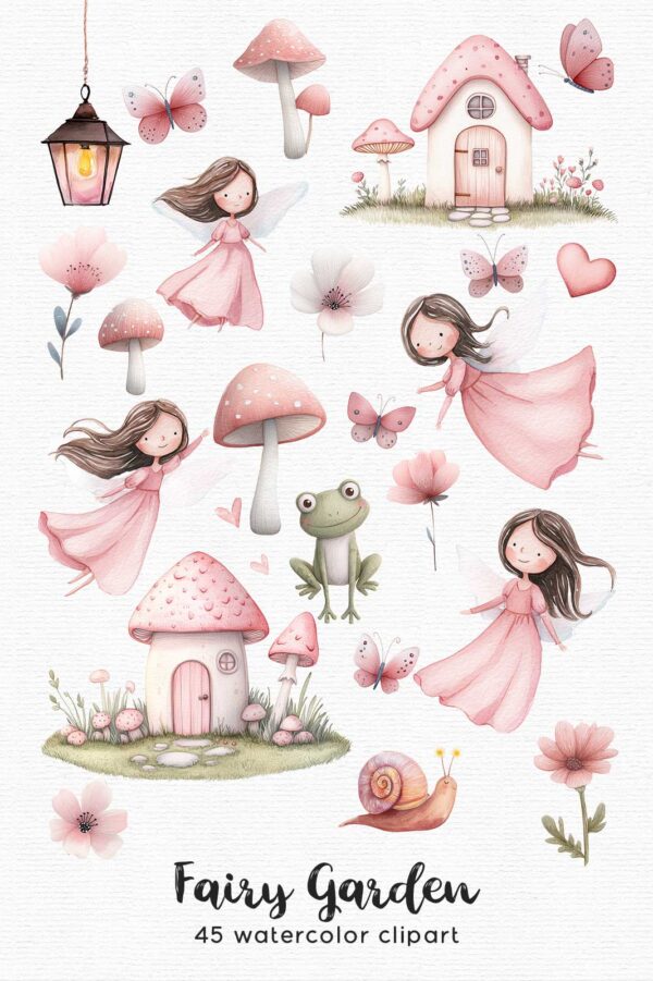 Whimsical fairy garden clipart featuring playful fairies in pink dresses, surrounded by pastel mushrooms, smiling butterflies, a cheerful frog, a cute snail, and charming mushroom-shaped houses—perfect for magical fairy clipart designs.