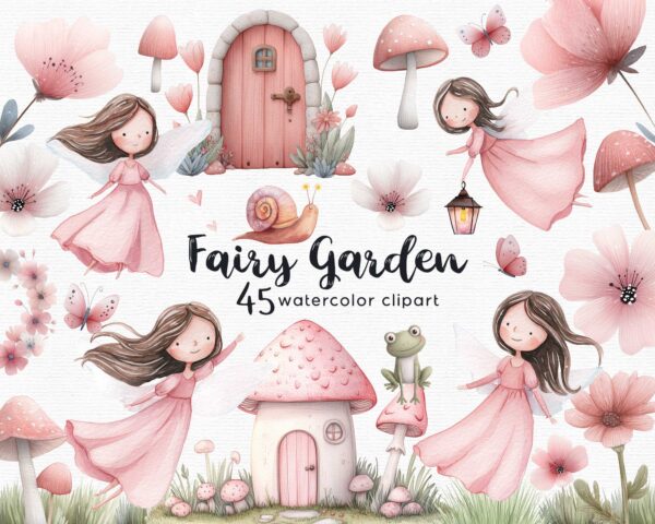Fairy Clipart – Pink Fairy Garden PNG Set 🌸