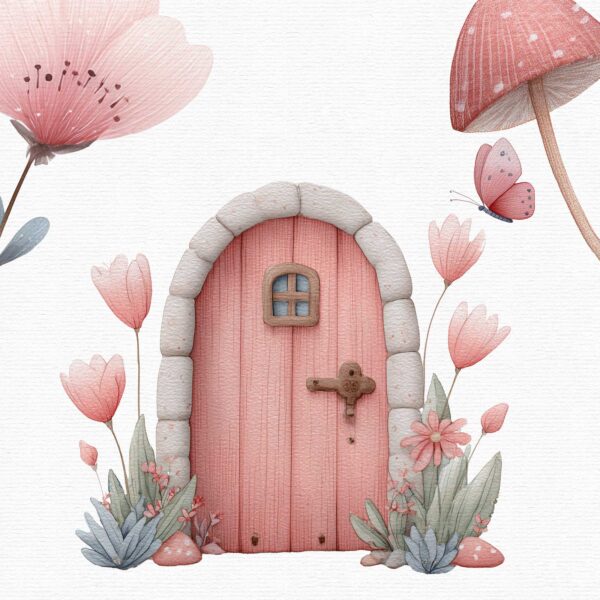 a beautiful fairy house with a shape of a pink mushroom, part of a fairy clipart set